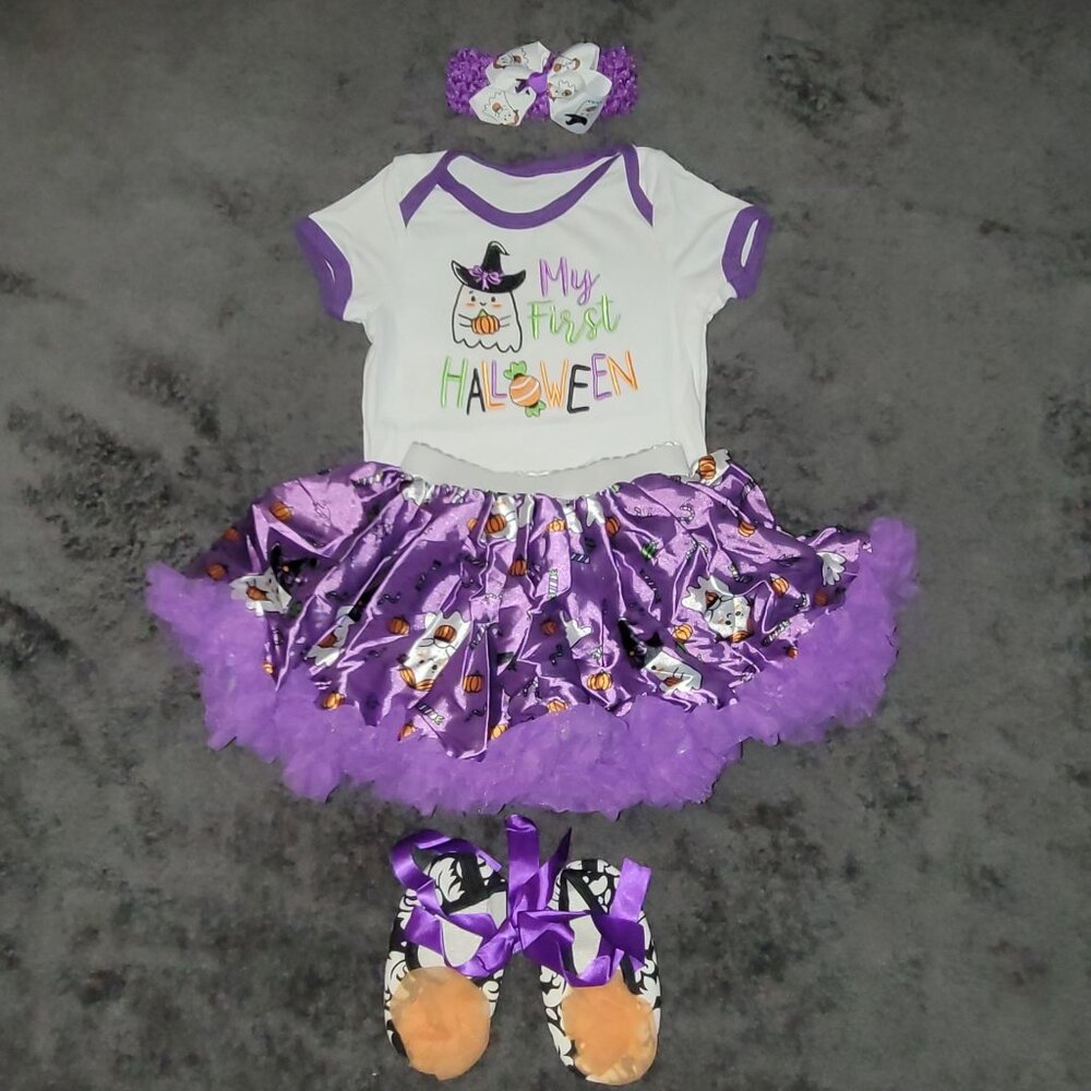 Boutique NWOT 4pc Girls My First Halloween Baby Outfit- Onesie Skirt Shoes & Hea